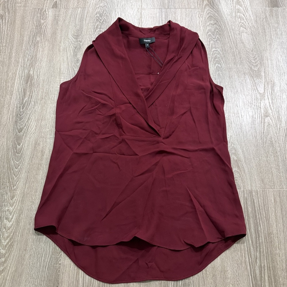 Theory Shawl Collar Shell Silk Blouse Medium Red Quiet Luxury Minimalist NWT